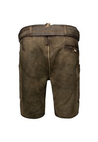 Hnědé kožené tradiční lederhosen kraťasy s poutky na pásek a knoflíkovou zadní kapsou, zobrazené ze zadní strany.