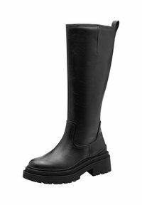 Black knee-high boots made of smooth leather. Chunky platform sole with textured rubber tread. Side elastic panel for easy wear.
