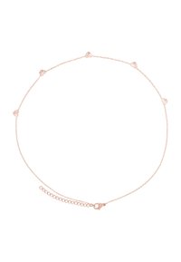 Collier en chaîne en or rose avec de petits accents en forme de cœur et un détail texturé. Comprend un fermoir et une chaîne de longueur réglable.
