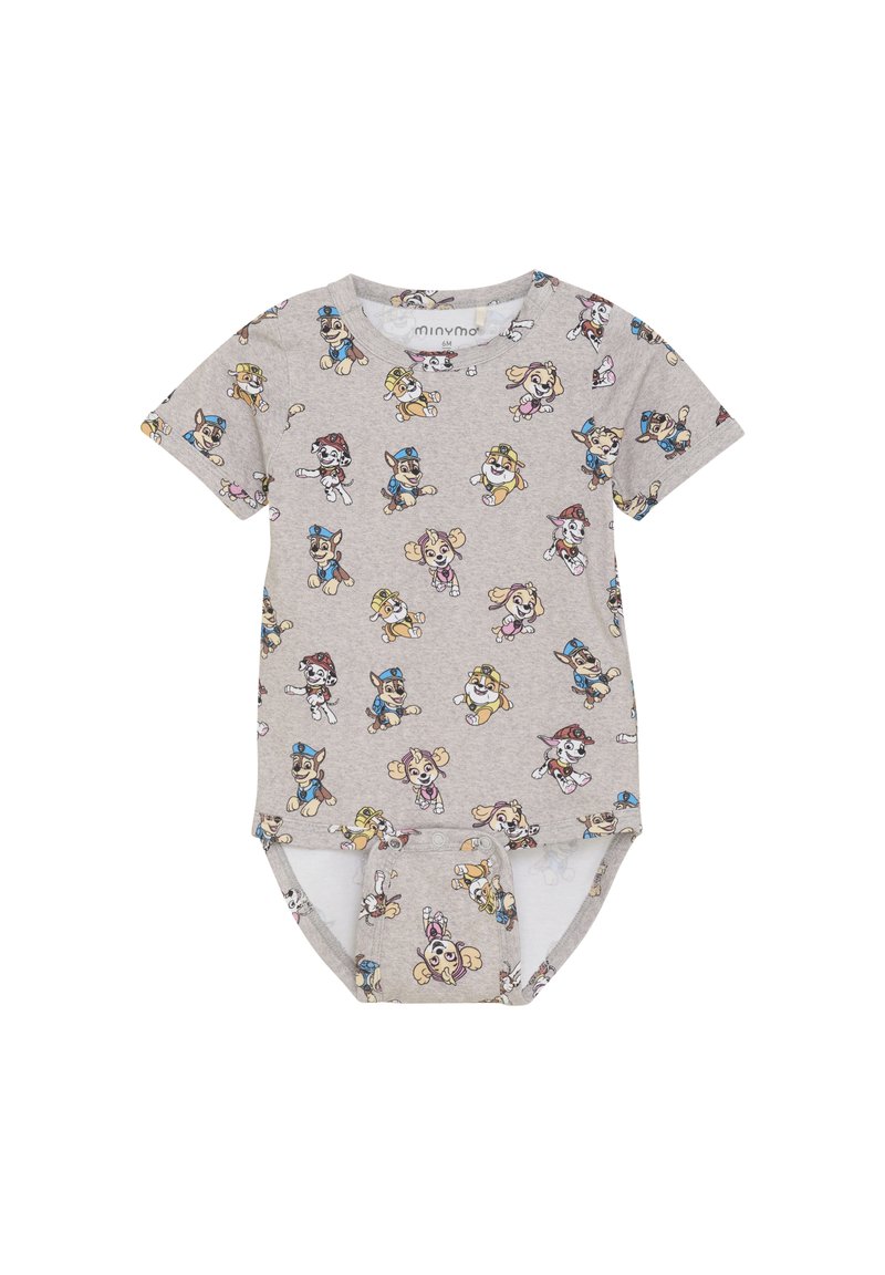 Lichtgrijze romper met korte mouwen en een print van cartoonfiguren over de gehele stof. Zachte katoenen materiaal met drukknoopsluiting aan de onderkant.