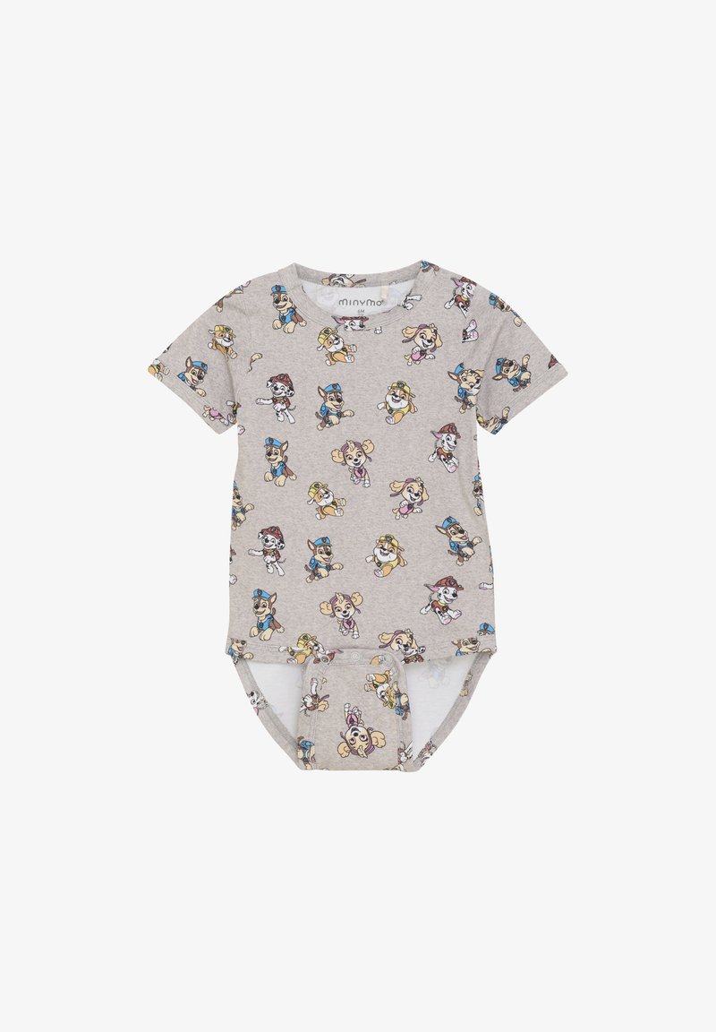 Hellgrauer Einteiler mit kurzen Ärmeln und einem ganzflächigen Cartoon-Charakter-Druck. Weiches Baumwollmaterial mit Druckknopfverschluss am Boden.