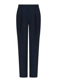 Pantalones navy fabricados con una tela suave, que presentan un diseño de frente plano, dos pinzas y un corte ajustado con cinturilla.
