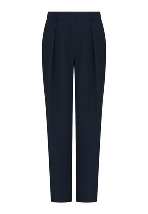 Pantaloni blu realizzati in tessuto liscio, con una parte frontale piatta, due pinces e un design sartoriale con cintura.