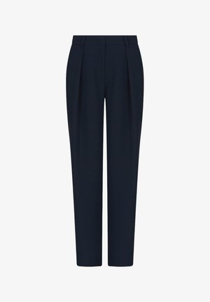 Pantaloni blu realizzati in tessuto liscio, con una parte frontale piatta, due pinces e un design sartoriale con cintura.