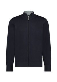 Marineblaues Strickjacke mit hohem Kragen, durchgehendem Reißverschluss sowie gerippten Bündchen und Saum. Glatte Textur mit minimalistischem Design und ohne sichtbare Muster.