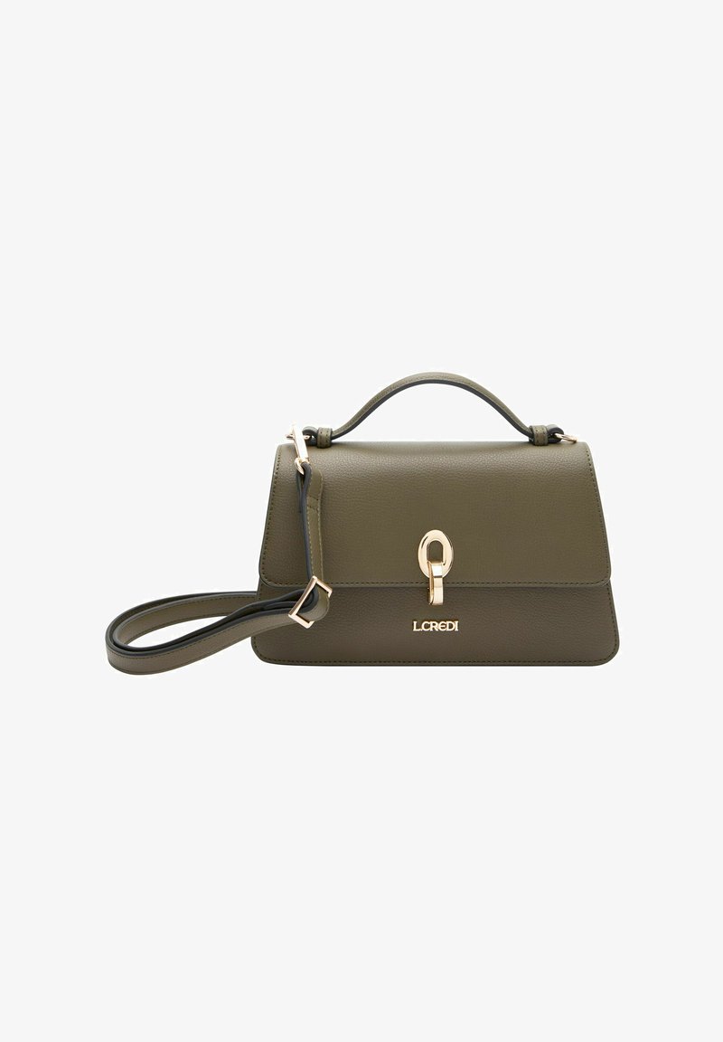 Borsa a tracolla in pelle verde oliva con design strutturato, hardware dorato e tracolla removibile. Presenta una chiusura frontale e un dettaglio del logo.