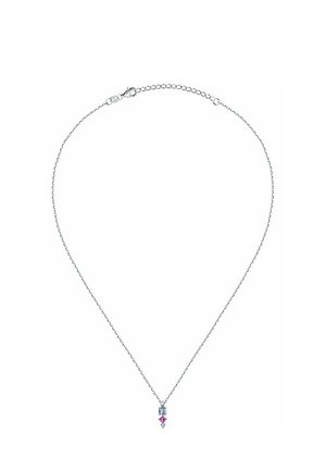 Silberne Halskette mit einer filigranen Kette, an der ein Anhänger mit einem blauen Stein, einem rosa Stein und einem kleinen klaren Stein unten hängt.