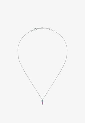 Silberne Halskette mit einer filigranen Kette, an der ein Anhänger mit einem blauen Stein, einem rosa Stein und einem kleinen klaren Stein unten hängt.