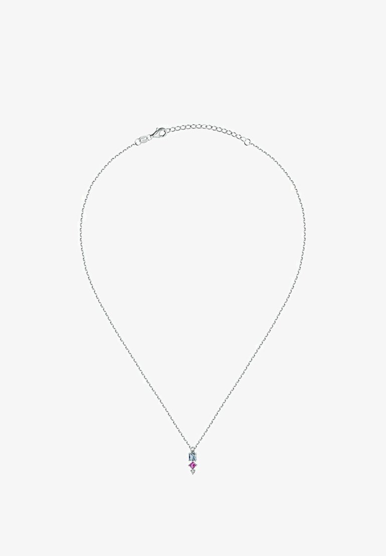 Silberne Halskette mit einer filigranen Kette, an der ein Anhänger mit einem blauen Stein, einem rosa Stein und einem kleinen klaren Stein unten hängt.