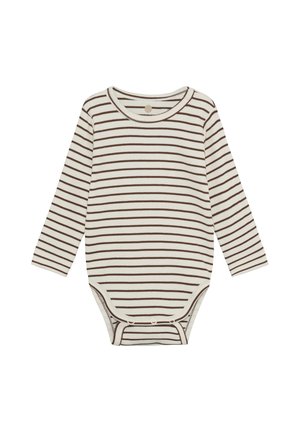 Babybody met lange mouwen met bruine horizontale strepen op een crèmekleurige achtergrond en drukknoopsluiting in het kruis.