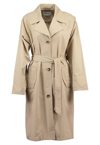 Trench coat beige di lunghezza al ginocchio con ampi revers, tre bottoni, cintura in vita e due tasche frontali.