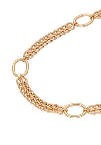 Náhrdelník z pozlaceného řetězu se vzájemně propojenými články ve dvou vzorech: hladké kulaté a texturované zkroucené, což vytváří dynamický vizuální kontrast.