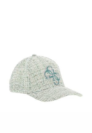 Casquette de baseball en tweed vert clair avec une visière courbée et un logo brodé turquoise sur le panneau avant.