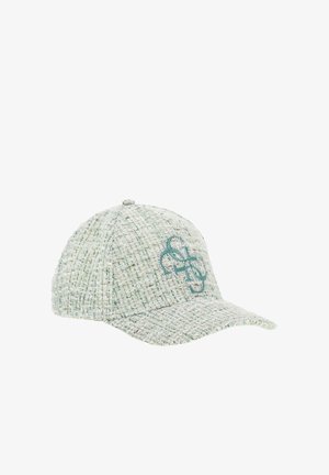 Casquette de baseball en tweed vert clair avec une visière courbée et un logo brodé turquoise sur le panneau avant.