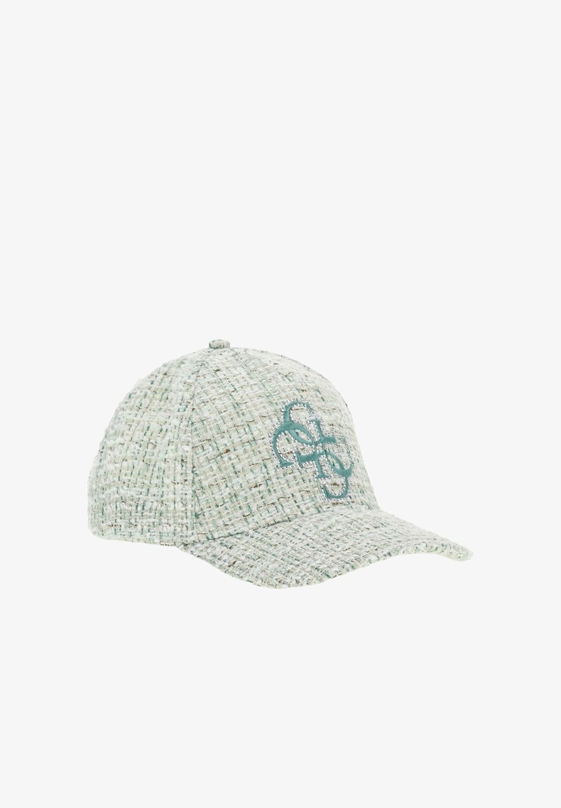 Casquette de baseball en tweed vert clair avec une visière courbée et un logo brodé turquoise sur le panneau avant.