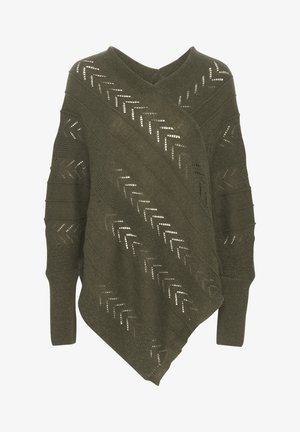 Knit wrap neulepusero oliivinvihreänä, jossa on V-pääntie, viistot chevron-leikkaukset ja pitkät hihat ribbitunnelmalla.