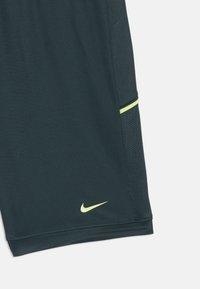 Nike spordilised lühikesed püksid tumeroheline, millel on võrkmaterjali tekstuur, kollane aktsenttriip ja Nike logo sobivas kollases värvitoonis allääres.