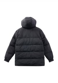 Sort pufferjakke med hætte, der har et quiltet design og elastiske manchetter. Stoffet har en glat overflade og en let fornemmelse.