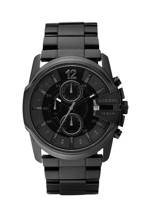 Schwarze Diesel Chronograph-Armbanduhr mit Metallgliederarmband, markanten Stundenmarkierungen, drei Hilfszifferblättern und Datumsanzeige bei 3 Uhr.