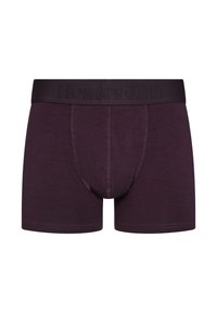 Mørkelilla boxershorts med en glat tekstur, med et bredt elastisk taljebånd prydet med brandnavnet "Resteröds."