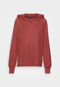 Ein rostfarbener Hoodie mit V-Ausschnitt, langen Ärmeln mit gerafften Bündchen und einem weichen, strukturierten Stoff.