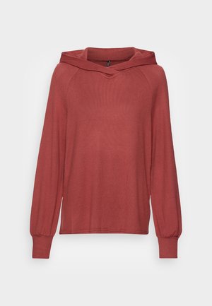 Rust-colored hoodie features a V-neck design, long sleeves with gathered cuffs, and a soft, textured fabric.