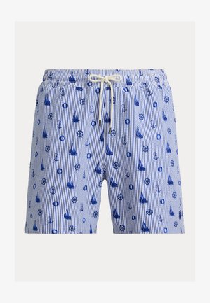 Zili un balti svītraini šorti ar jūras motīviem, tostarp buru jahtām, enkuriem, kuģa stūres ratiem un glābšanas riņķiem, ar baltu auklu jostasvietā.