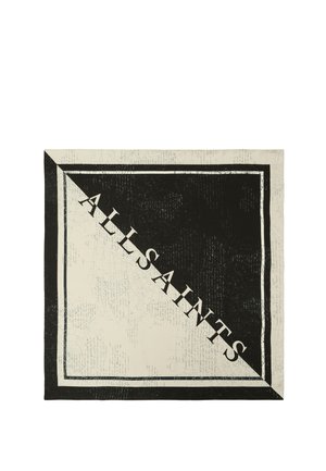 Foulard carré avec des moitiés diagonales en noir et blanc et le mot "ALLSAINTS" en lettres majuscules au centre.
