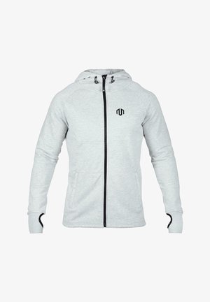 Grijze zip-up hoodie met een zwart logo, capuchon met trekkoord en contrasterende zwarte rits. Voorzien van schuine zakken en geribde manchetten.