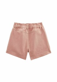 Shorts en coton rose avec une taille élastique, présentant un design simple sans motifs ni éléments supplémentaires. Sans poches ni accents.