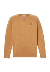 Maglione beige a maniche lunghe realizzato in materiale a maglia testurizzato. Presenta un classico collo rotondo e un piccolo logo ricamato sul lato sinistro del petto.