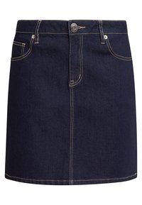 Džínová sukně v tmavě modré barvě, s rovným střihem, designem se pěti kapsami a zlatým prošíváním podél švů a lemu. Zapínání na knoflík v pase.