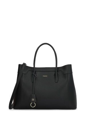 Čierna kožená taška typu tote s dvoma hornými rúčkami, odnímateľným ramenným popruhom a jemnými zlatými kovovými doplnkami. Povrch s textúrou a detail loga.