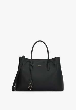 Mustast nahast kandekott, millel on kaks ülemist sangad, eemaldatav õlakandja ja peened kuldsed detailid. Tekstureeritud pind ja logoga detail.