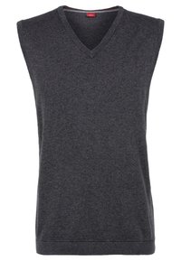 Gilet grigio senza maniche con design a V. Realizzato in tessuto morbido, presenta un orlo a coste e una leggera trama. Nessun motivo o dettaglio visibile.