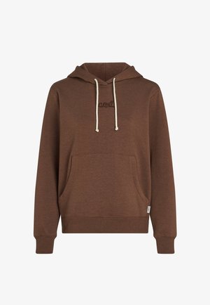 Brown hooded sweatshirt made of soft fabric. Features a front pouch pocket, cream drawstrings, and embroidered branding in matching color.