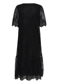 Robe midi en dentelle noire transparente avec manches courtes, motifs floraux et ourlet à volants.