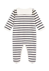 Romper per neonato a righe con maniche lunghe, caratterizzato da righe blu navy e crema, un colletto a quadrato e tessuto morbido. Adatto per un comfort ottimale.