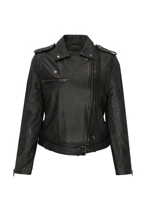Veste de motard en cuir noir avec fermeture éclair asymétrique à l’avant, poche poitrine zippée, épaulettes, ceinture à la taille et manches longues avec poignets zippés.