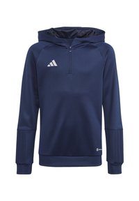 Marineblauwe hoodie met een halflange ritssluiting, geribde manchetten en een gestructureerde afwerking. Beschikt over een logo met drie witte strepen op de borst.