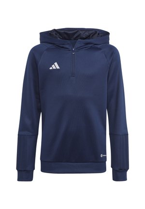 Marineblauwe hoodie met een halflange ritssluiting, geribde manchetten en een gestructureerde afwerking. Beschikt over een logo met drie witte strepen op de borst.