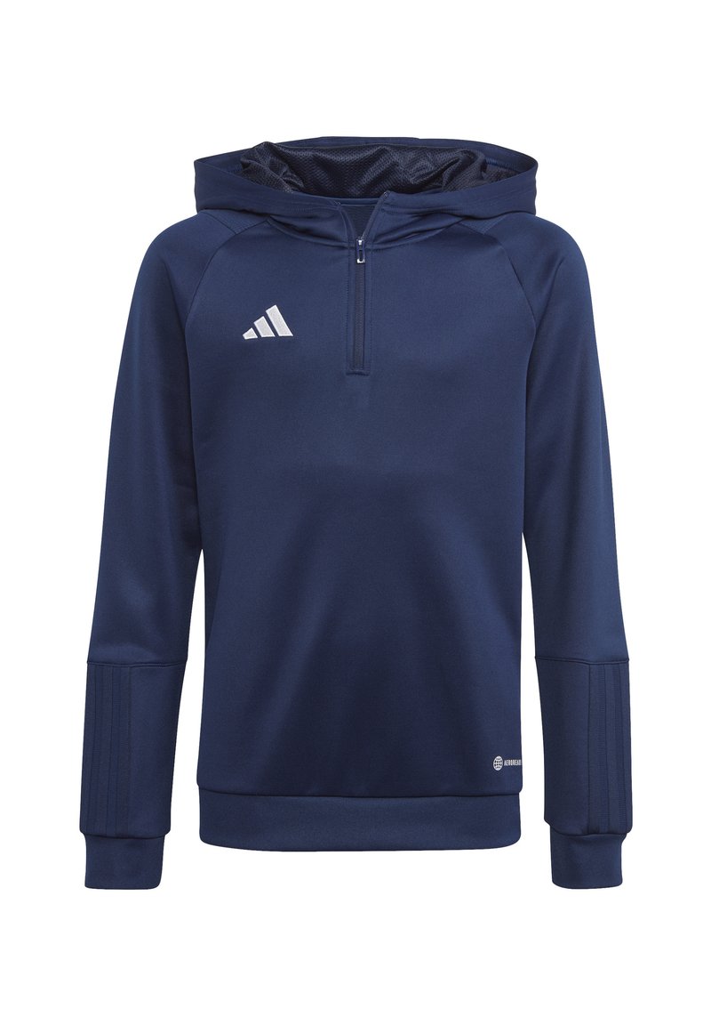 Marineblauwe hoodie met een halflange ritssluiting, geribde manchetten en een gestructureerde afwerking. Beschikt over een logo met drie witte strepen op de borst.