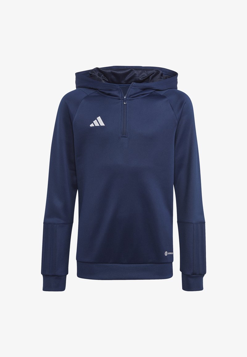 Felpa con cappuccio blu navy, design a mezza zip, polsini a coste e finitura testurizzata. Presenta il logo a tre strisce bianche sul petto.