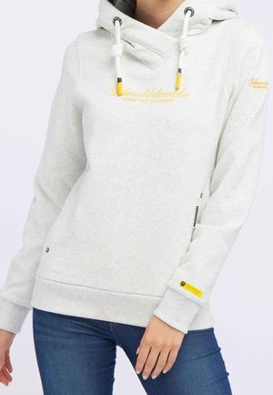 Sudadera gris con capucha, que presenta acentos amarillos y cordones. Incluye cremallera lateral y logo impreso en la parte frontal. Material de mezcla de algodón.