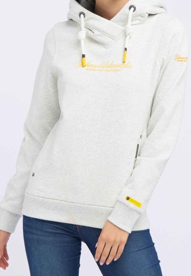 Šedá mikina s kapucí, s žlutými akcenty a šňůrkami. Obsahuje boční zip a potištěné logo na přední straně. Materiál je směs bavlny.