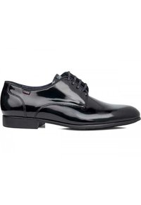 Scarpe da dress in pelle verniciata nera con finitura liscia, punta rotonda, design a cinque occhielli con lacci e tacco basso impilato.