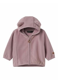Fleece bunda v jemnej fialovej farbe, so kapucňou s ušami medveďa, predným zipsom a štruktúrovaným povrchom. Doplnková kožená nášivka.