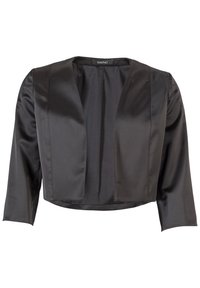 Svart kort jacka i slät satin med skräddarsydd design, med 3/4-långa ärmar och öppen framsida med en rundad nederkant.