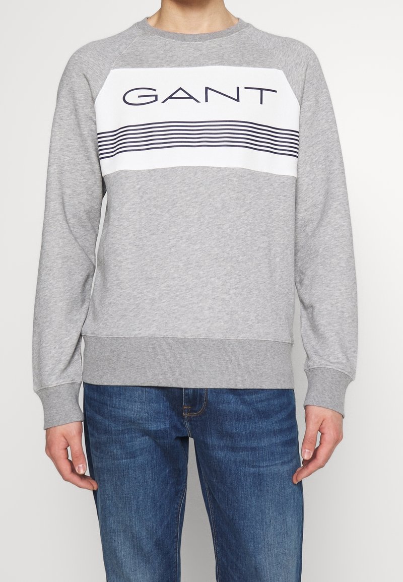 Persona che indossa una felpa grigia a girocollo con la scritta "GANT" e strisce blu sul petto, abbinata a jeans blu.