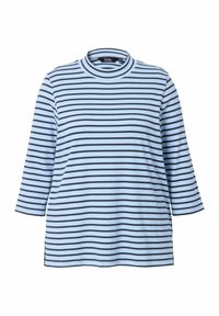 Ljusblå långärmad topp med marinblå horisontella ränder och hög halsringning. Har en avslappnad passform och mjukt, texturerat tyg.